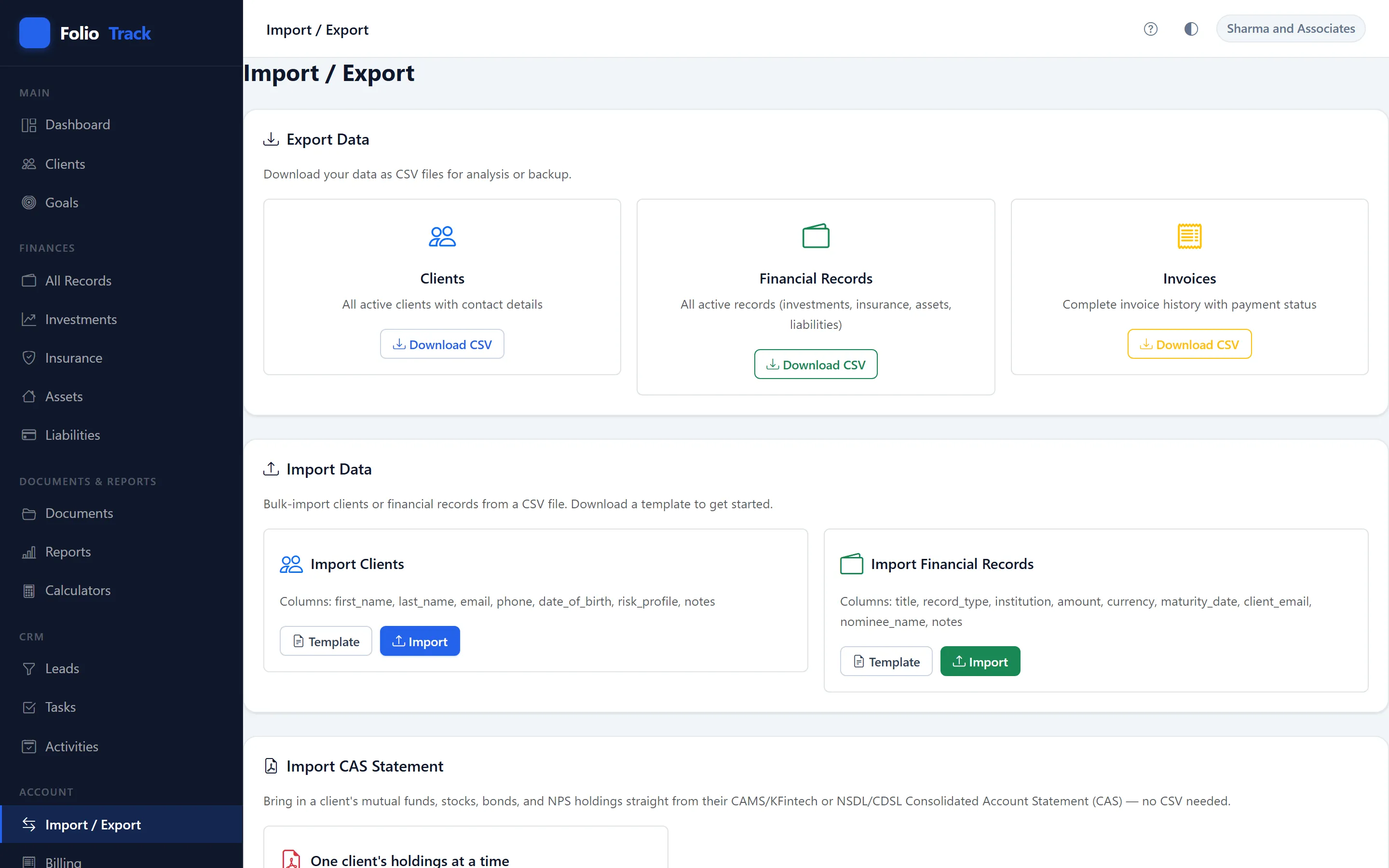 CAS import screen supporting CAMS, KFintech, and NSDL/CDSL statements