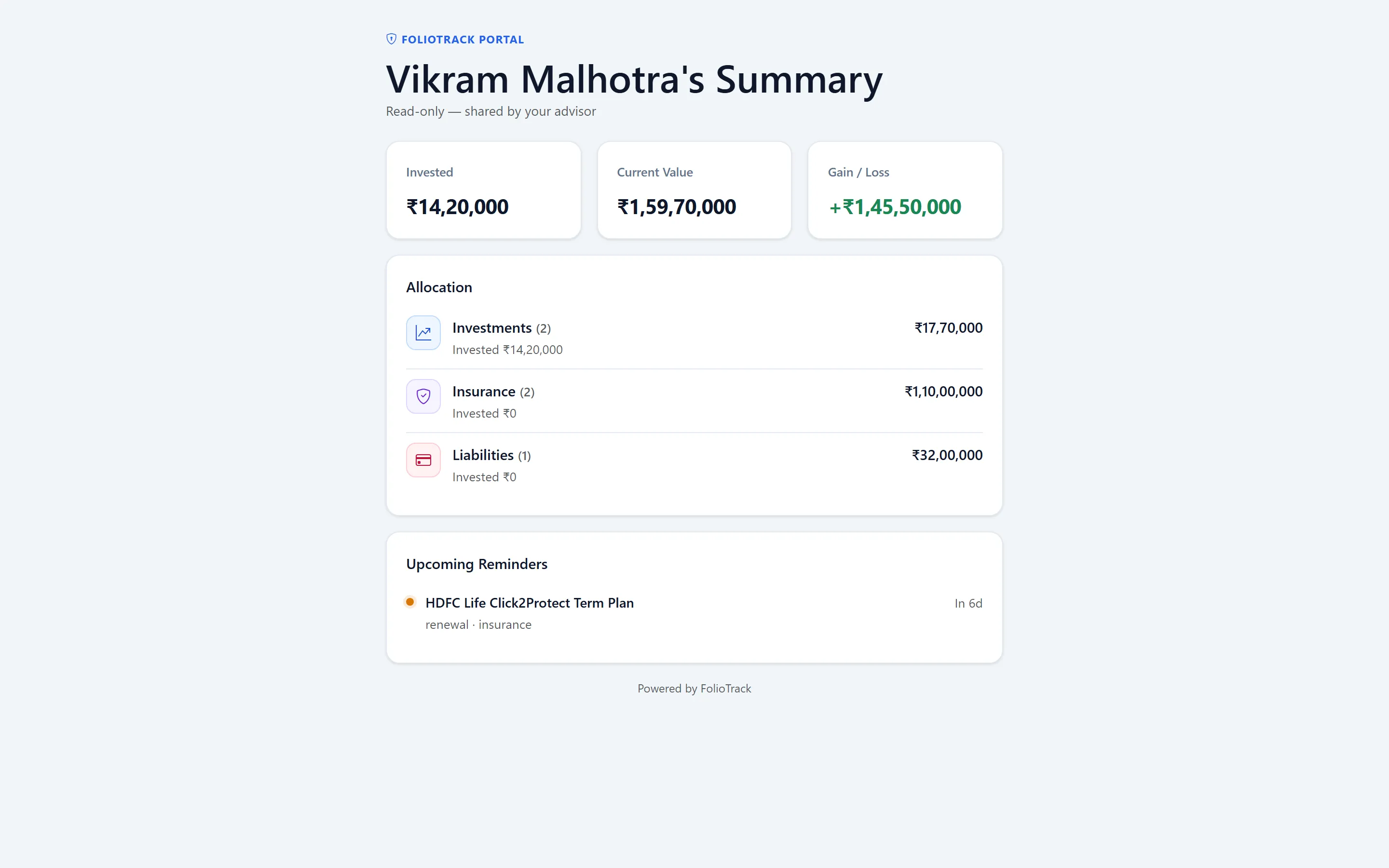 Client portal read-only summary page