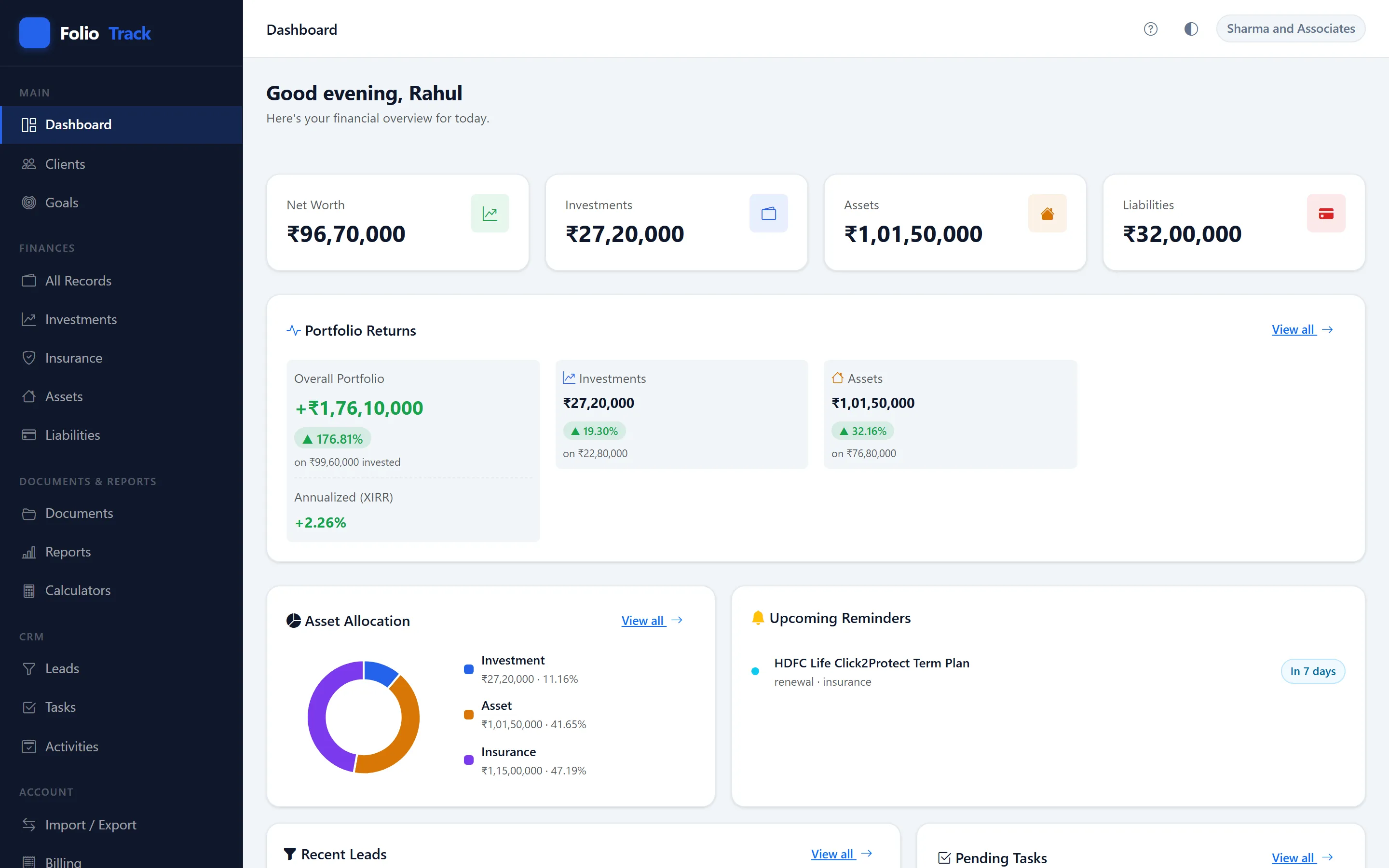 FolioTrack dashboard showing net worth, portfolio returns, and asset allocation