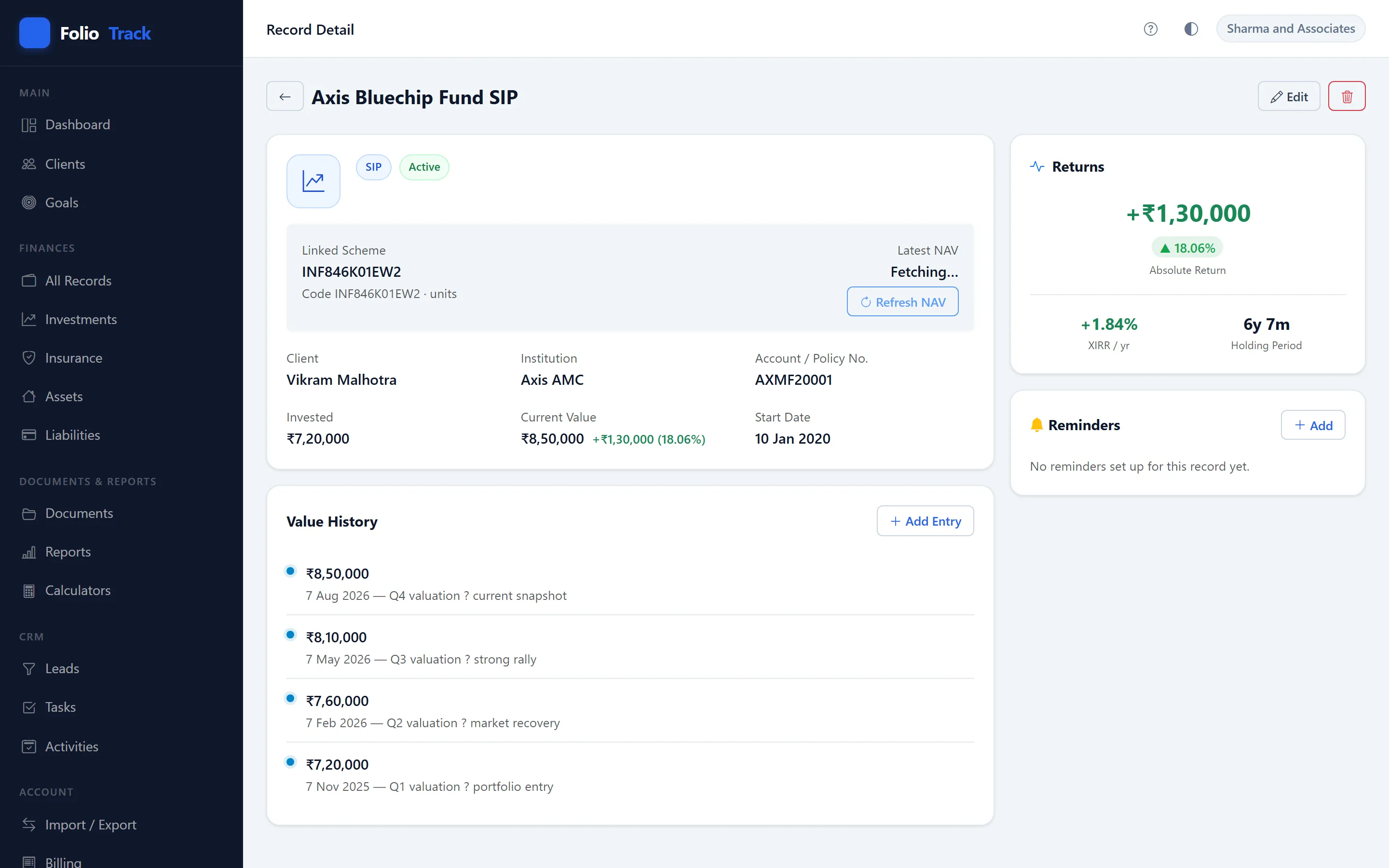 Financial record detail page showing XIRR, returns, and value history