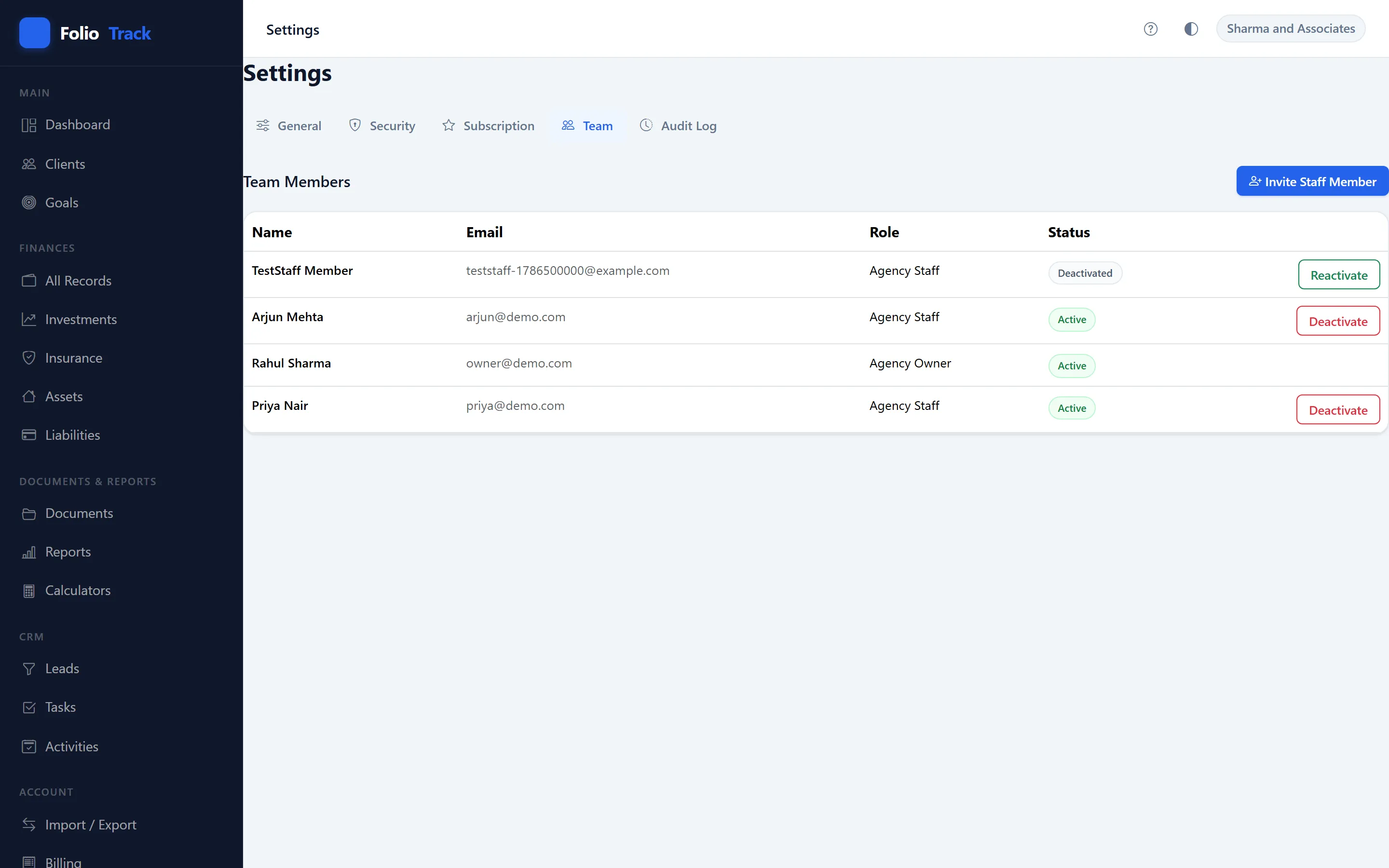 Team management page showing staff members and roles